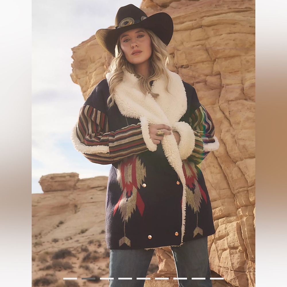 Wrangler Navy Jacket with Sherpa Lining and Aztec Design